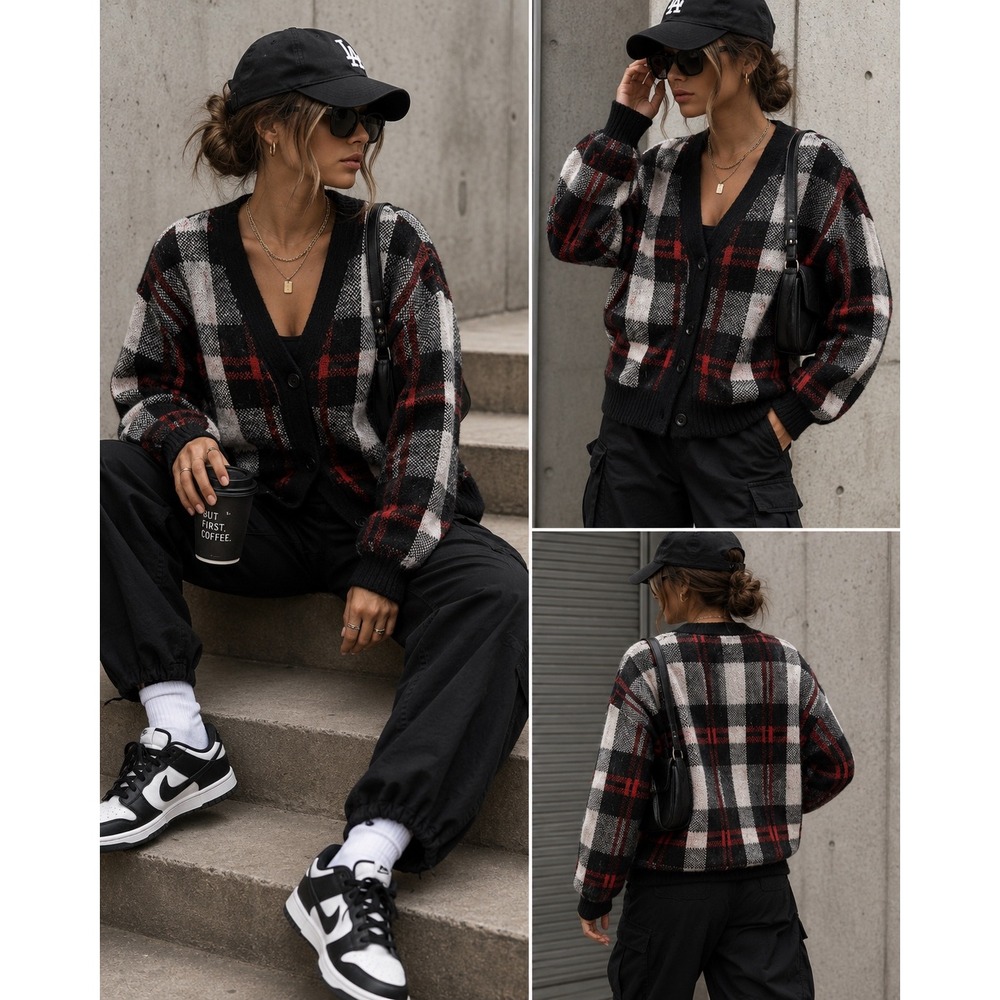 Love by Design Plaid Cardigan Sweater Black Red White Checkered Knit s Sze